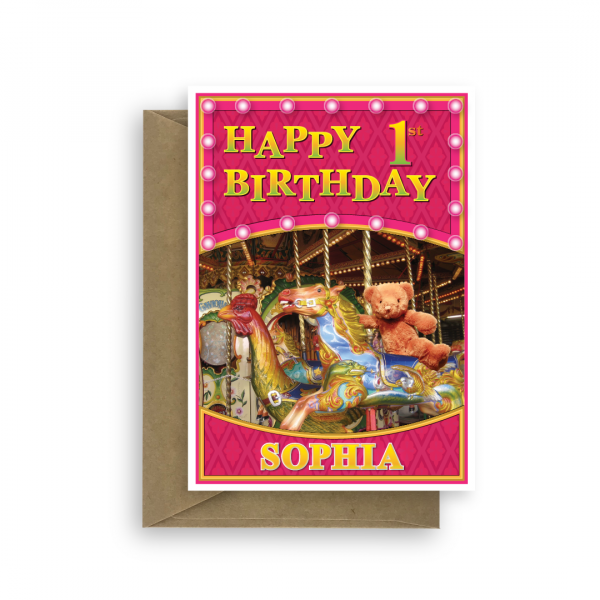 1st birthday card for girl edit name bear bth175 card