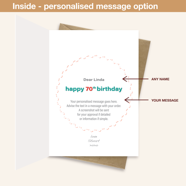 Personalised message inside 70th birthday card tiny feet statistics bth533
