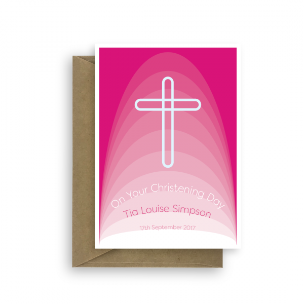 christening card girl edit name gradient pink cross cht016c card