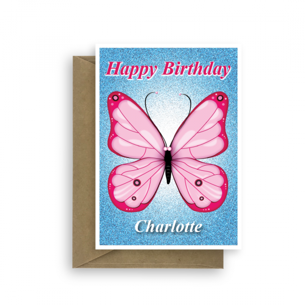 butterfly edit name birthday card pink bth159 card