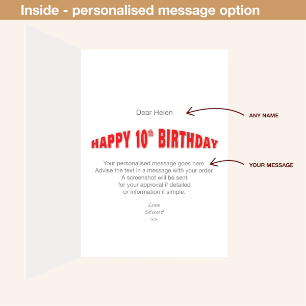 Personalised message inside 10th birthday card rainbow tower bth506