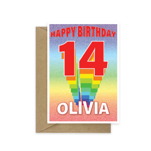 14th birthday card rainbow tower with name bth510