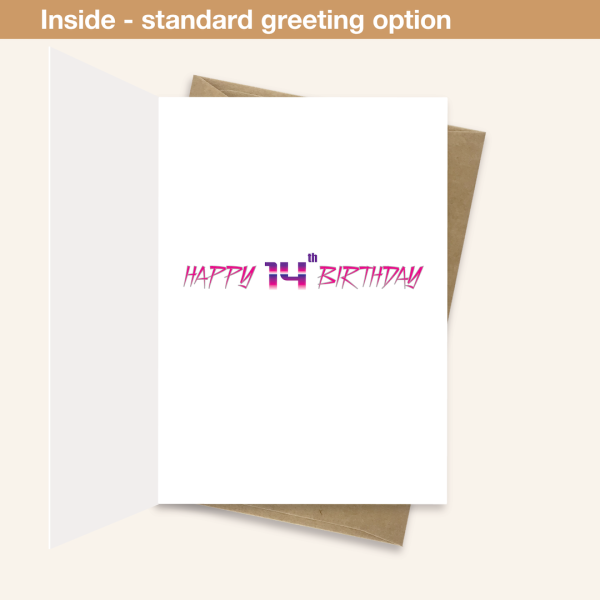 Standard greeting inside 14th birthday card synthwave bth345