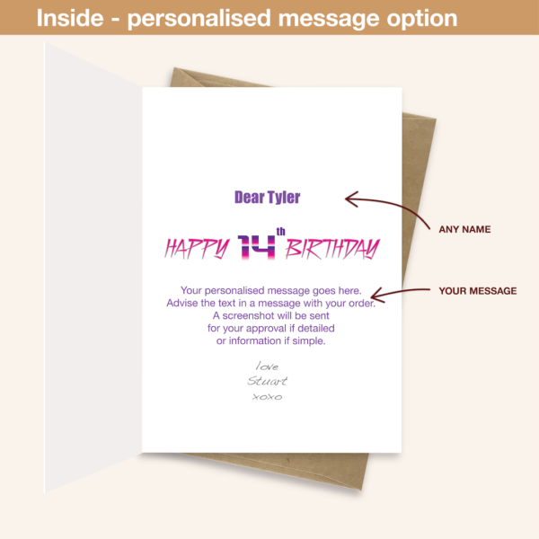 Personalised message inside 14th birthday card synthwave bth345