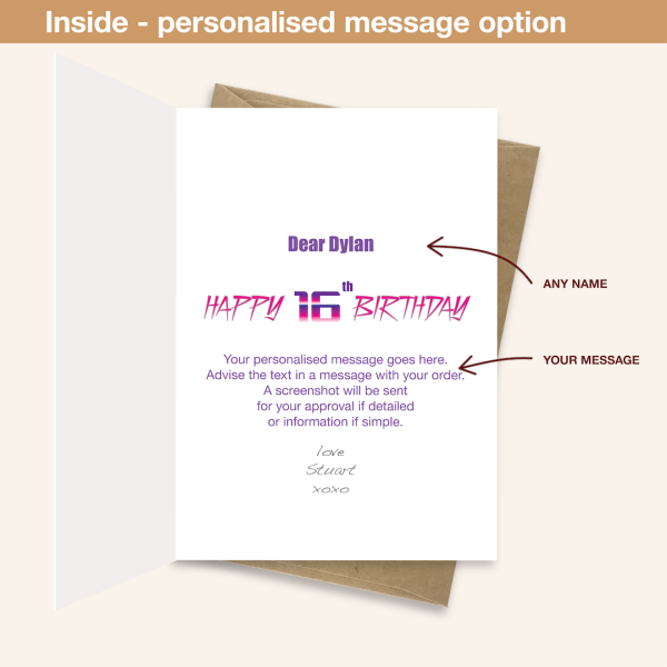 Personalised message inside 16th birthday card synthwave bth347