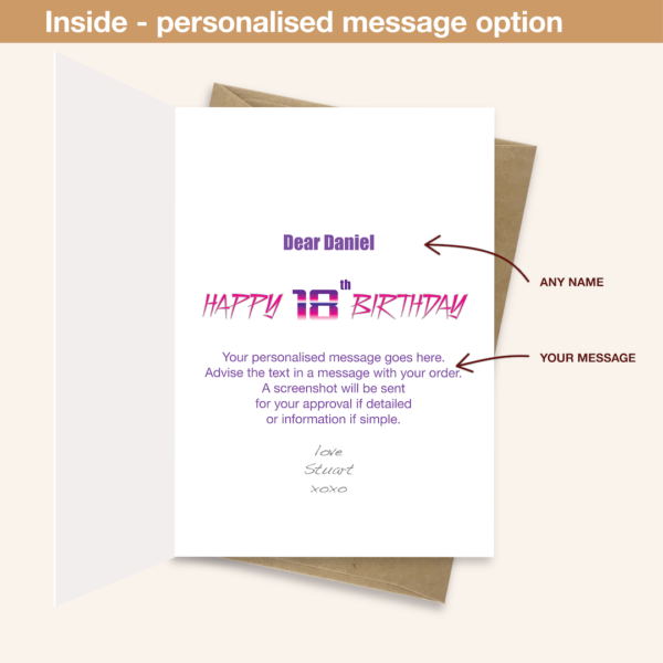 Personalised message inside 18th birthday card synthwave bth349