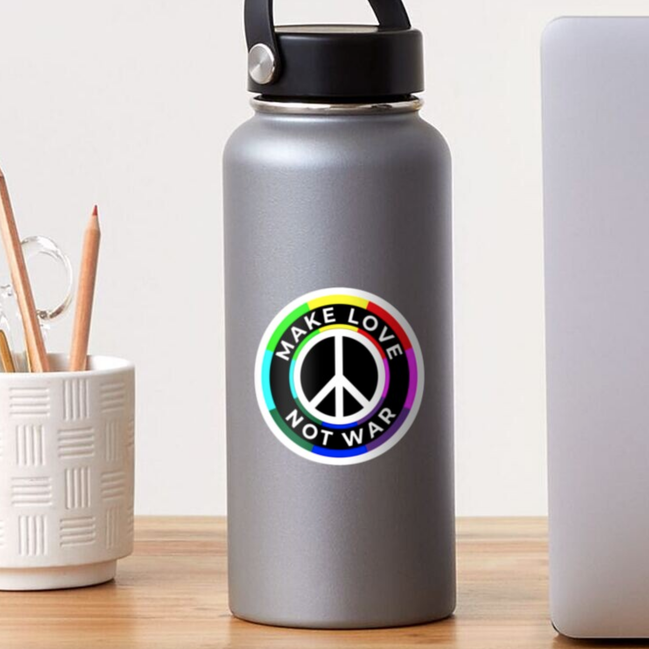 Redbubble - Make Love - Not War sticker on bottle
