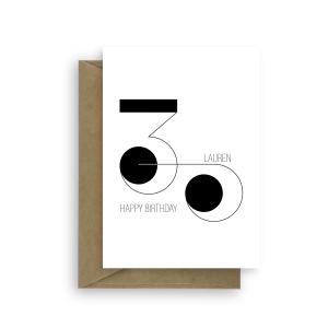 30th birthday card minimalist - thin black lines and solid black shapes form 30 - features recipients name bb039