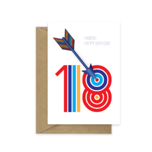 18th birthday card in red yellow and blues on a white background. The 8 is a tartget with an arrow pointing to it. Above is the recipient's name.