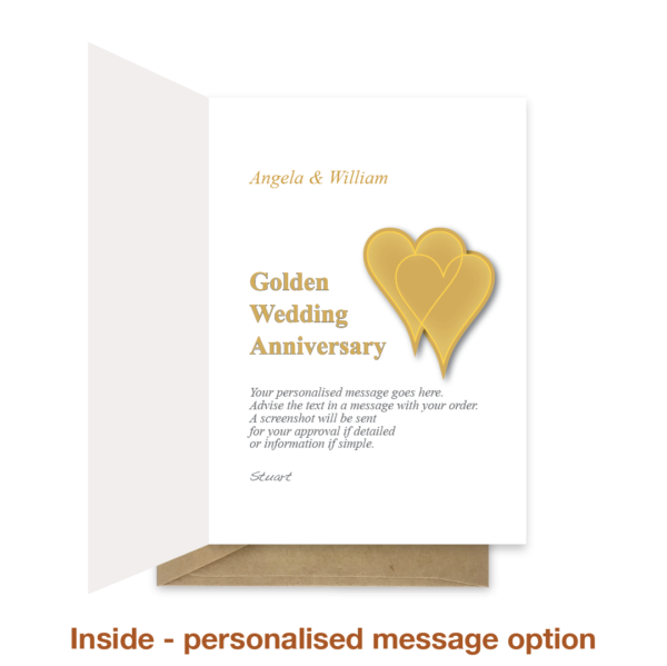 Personalised message inside 50 golden years wedding anniversary card ann004