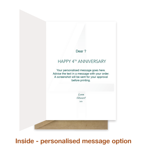 Personalised message inside 4th wedding anniversary card ann021