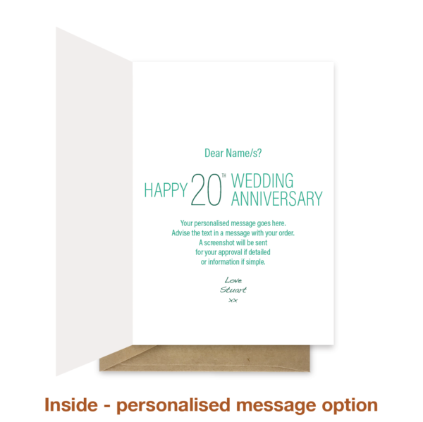 Personalised message inside 20th wedding anniversary card ann032