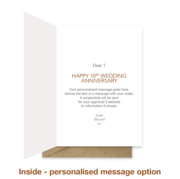 Personalised message inside 10th wedding anniversary card ann039