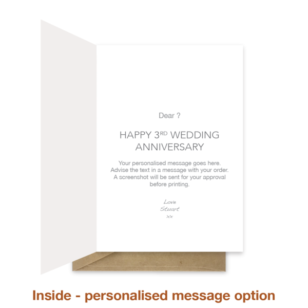 Personalised message inside 3rd wedding anniversary card ann045