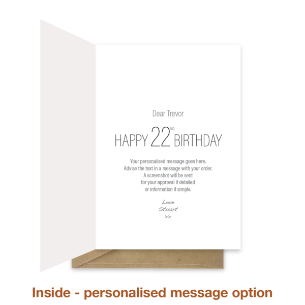 Personalised message inside 22nd birthday card bb037