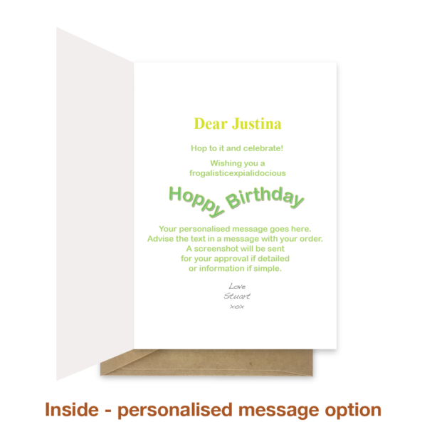 Personalised message inside frog birthday card bth070a