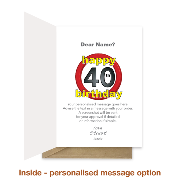 Personalised message inside 40th birthday card bth131