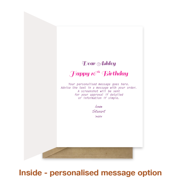Personalised message inside 16th birthday card bth154