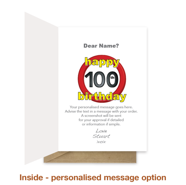 Personalised message inside 100th birthday card bth199