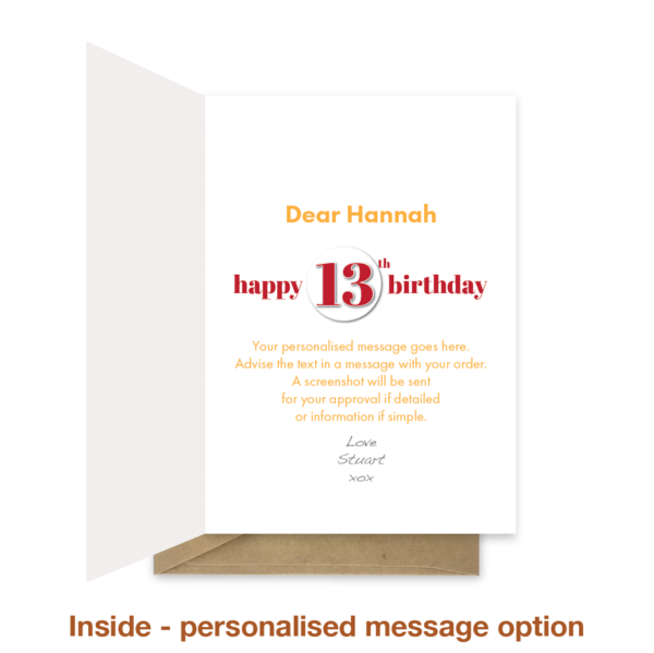 Personalised message inside 13th birthday card bth226