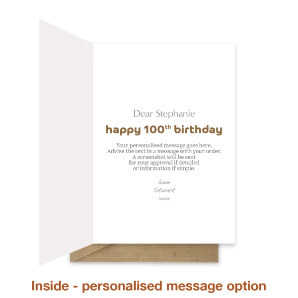 Personalised message inside 100th birthday card bth275