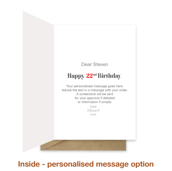Personalised message inside 22nd birthday card bth287