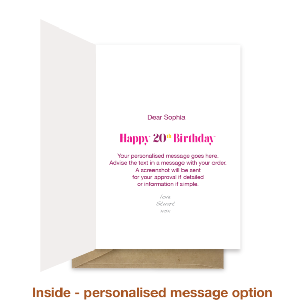 Personalised message inside 20th birthday card bth298