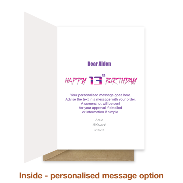 Personalised message inside 13th birthday card bth344