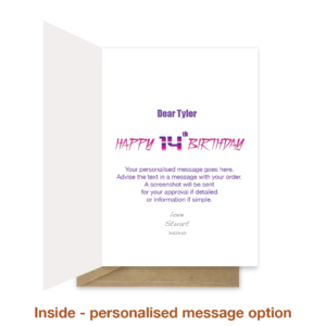 Personalised message inside 14th birthday card