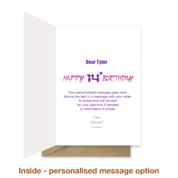 Personalised message inside 14th birthday card