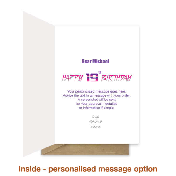 Personalised message inside 19th birthday card bth350