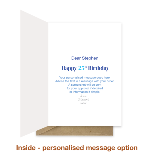 Personalise message inside 25th birthday card bth364