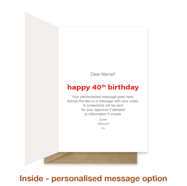 Personalised message inside 40th birthday card bth418