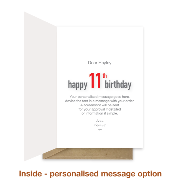 Personalised message inside 11th birthday card bth425