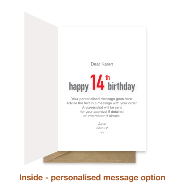 Personalised message inside 14th birthday card bth440