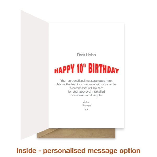 Personalised message inside 10th birthday card bth506