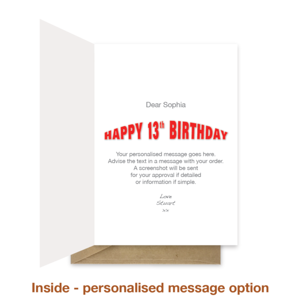 Personalised message inside 13th birthday card bth509