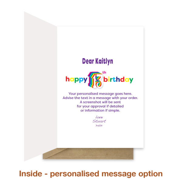 Personalised message inside 13th birthday card bth517