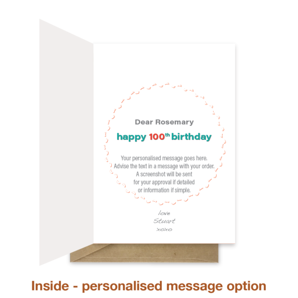 Personalised message inside 100th birthday card bth534