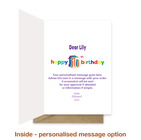 Personalised message inside 10th birthday card bth539