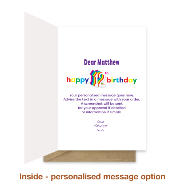 Personalised message inside 12th birthday card bth545