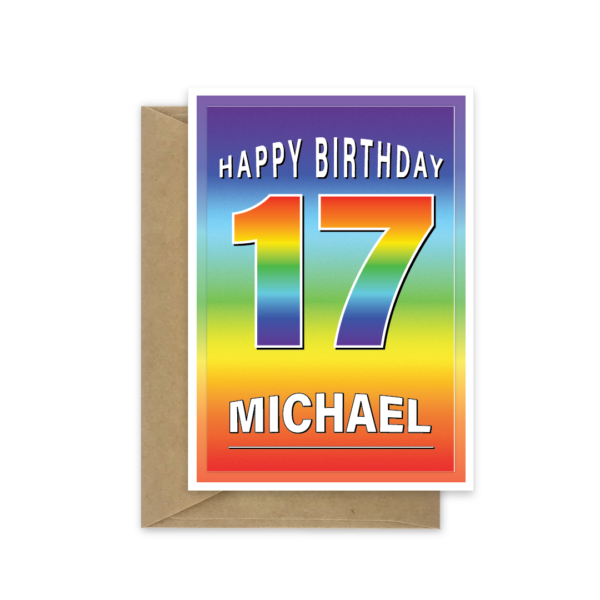 personalised 17th birthday card rainbow background bb0027
