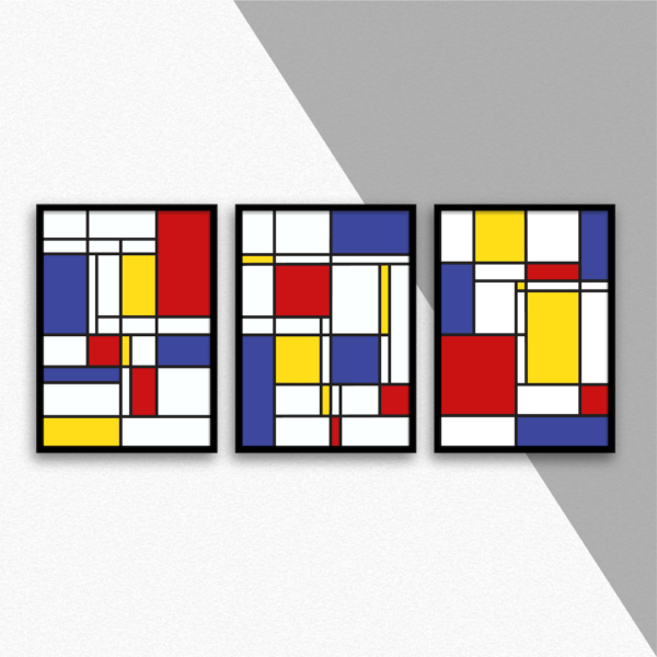 Set of 3 Mondrian style prints on wall of 2 shades pp005