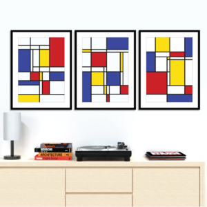 Set of 3 Mondrian style prints on wall pp005