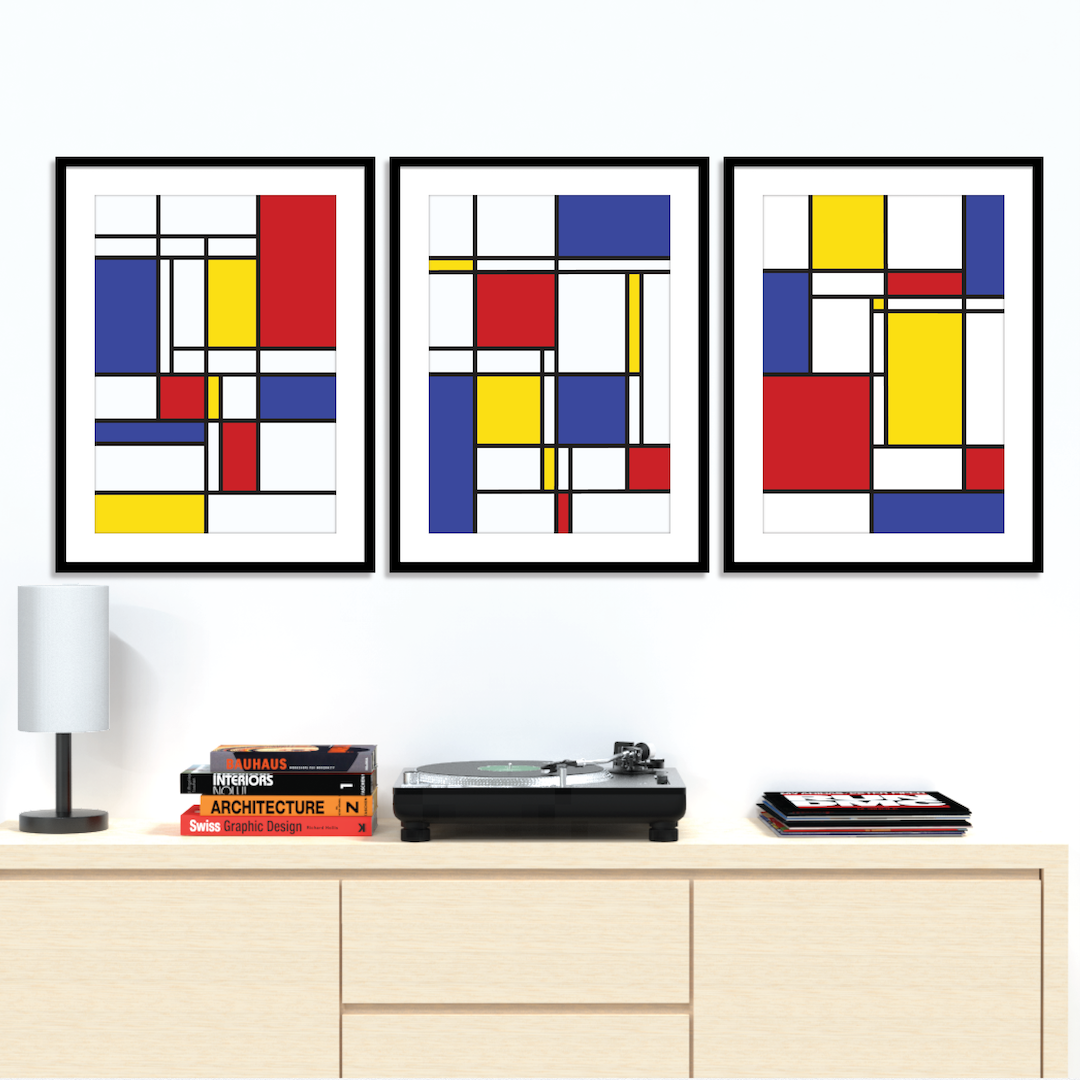 Set of 3 Mondrian style prints on wall pp005