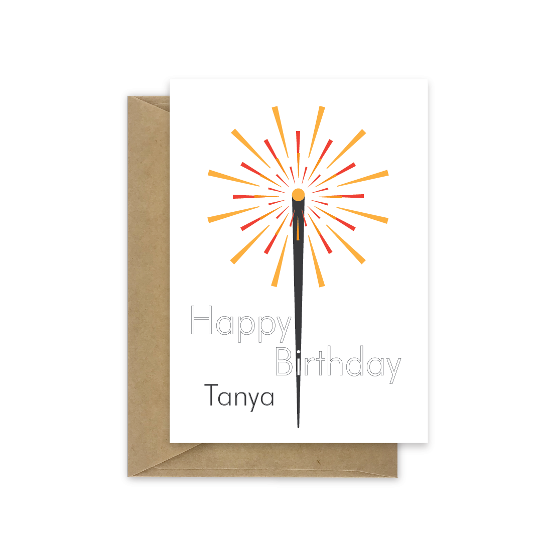 Sparkler design in a contemporary style happy birthday card. Red and orange sparks on a white background. Black outlines for the text happy birthday. At the bottom left is the recipients name. bb101