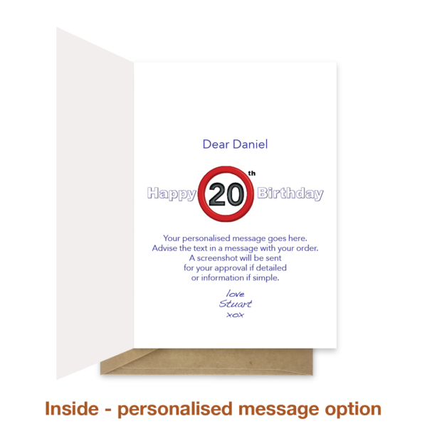 Personalised message inside 20th birthday card bb104