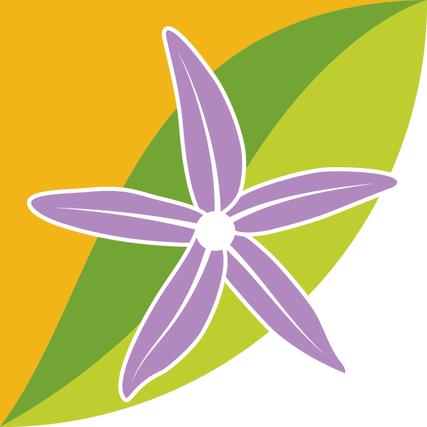 Easter 2025 logo is a square design with an illustration of a flower in lilac and white lines. Behind the flower is a diagonal green leaf with orange at the top left and white bottom right.