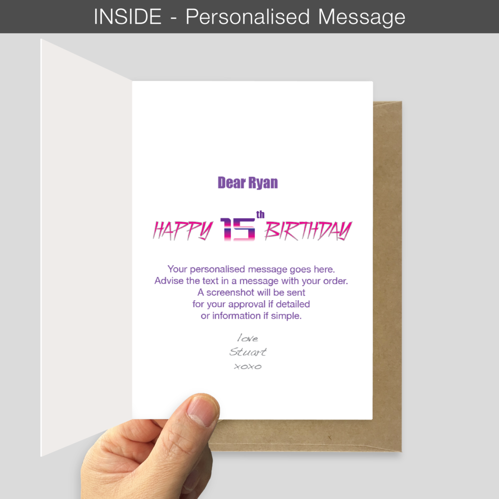 Personalised message inside the 15th birthday card