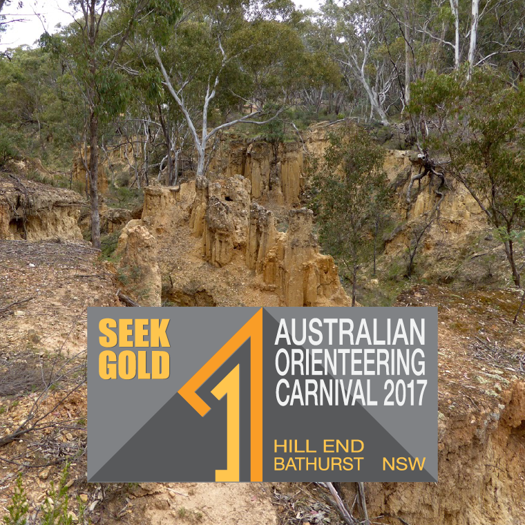 2017 Australian Orienteering Carnival logo against a backdrop of Hill End gold-mining terrain.